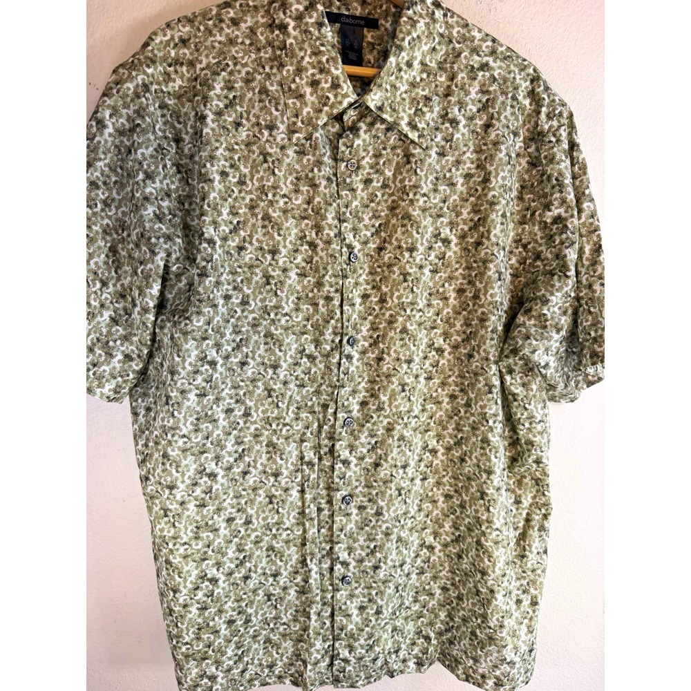 Claiborne Mens XL Woven Cotton Geometric Button Front Short Sleeve Shirt Light
